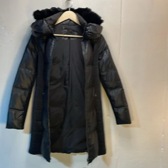 BCBGMaxazria Beautiful Black Puffer Knee Length Coat Removable Fur -XS- #0044 - Picture 12 of 16